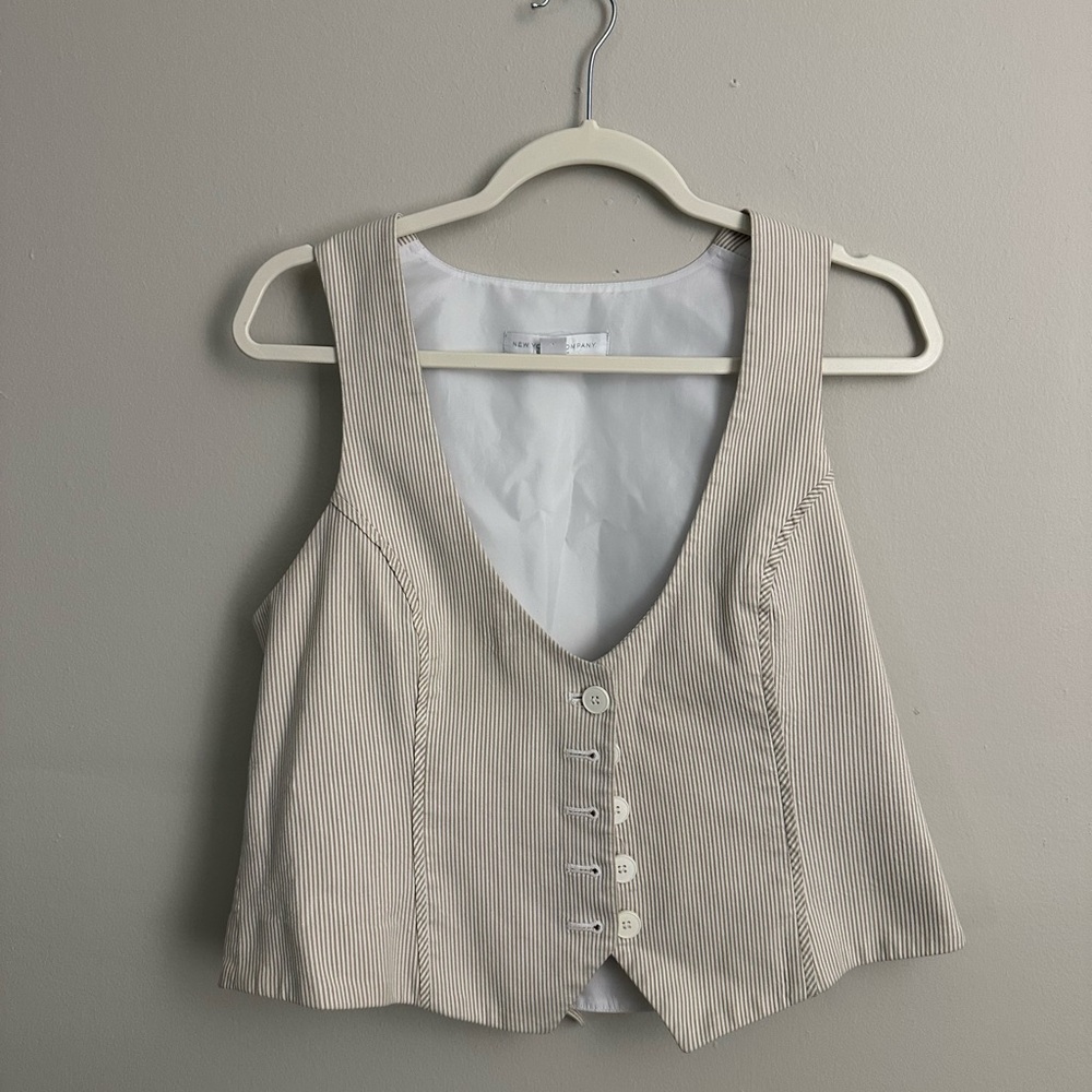 New York & Company Beige Striped Button-Up Vest
